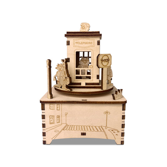 Telephone Booth Rotational Music Box 3D Mechanical Wooden Puzzle